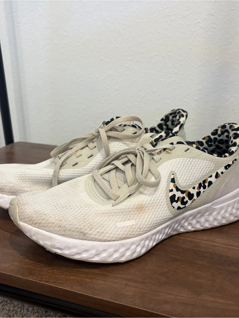 Nike Women's Beige Running Shoes with Leopard Swoosh